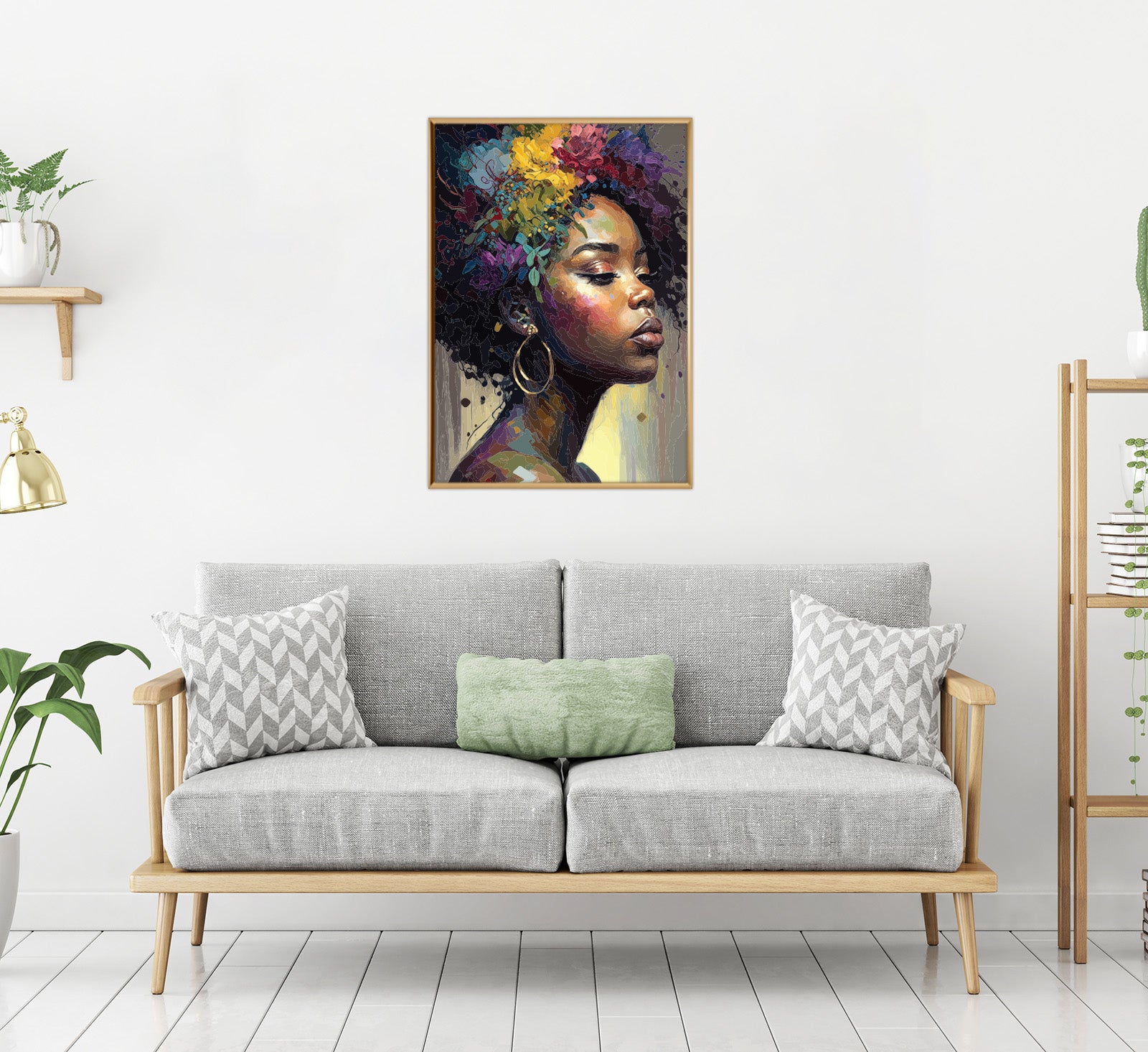 لوحة حائط لفتاة افريقية معلقة فوق أريكة