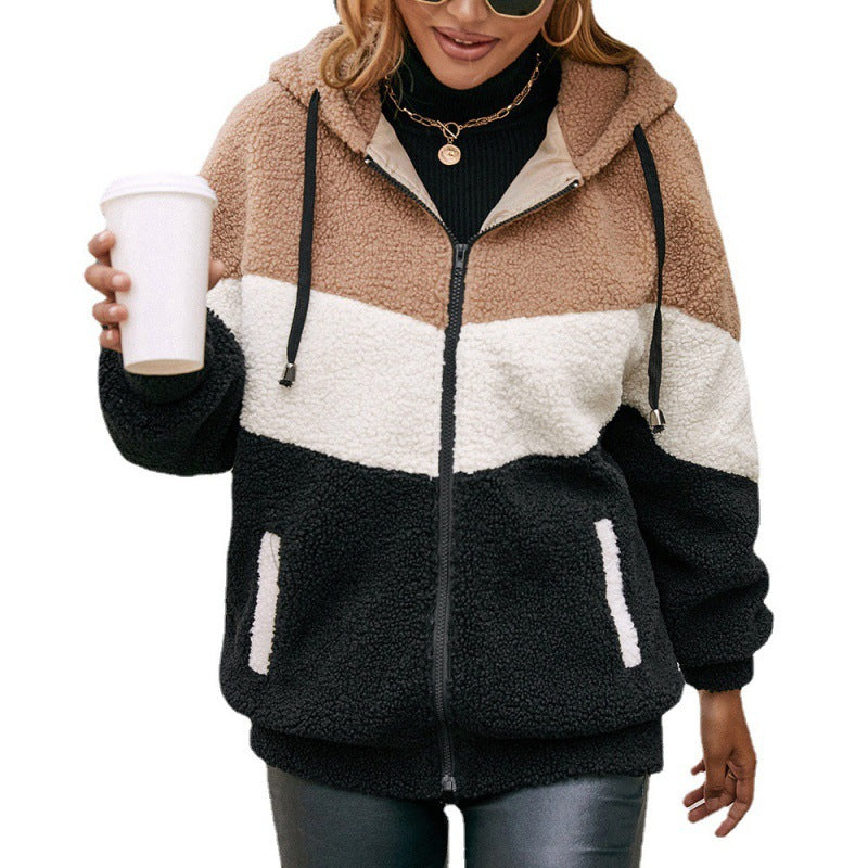 Thick Contrast Color Plush Zipper Cardigan Hooded Sweater