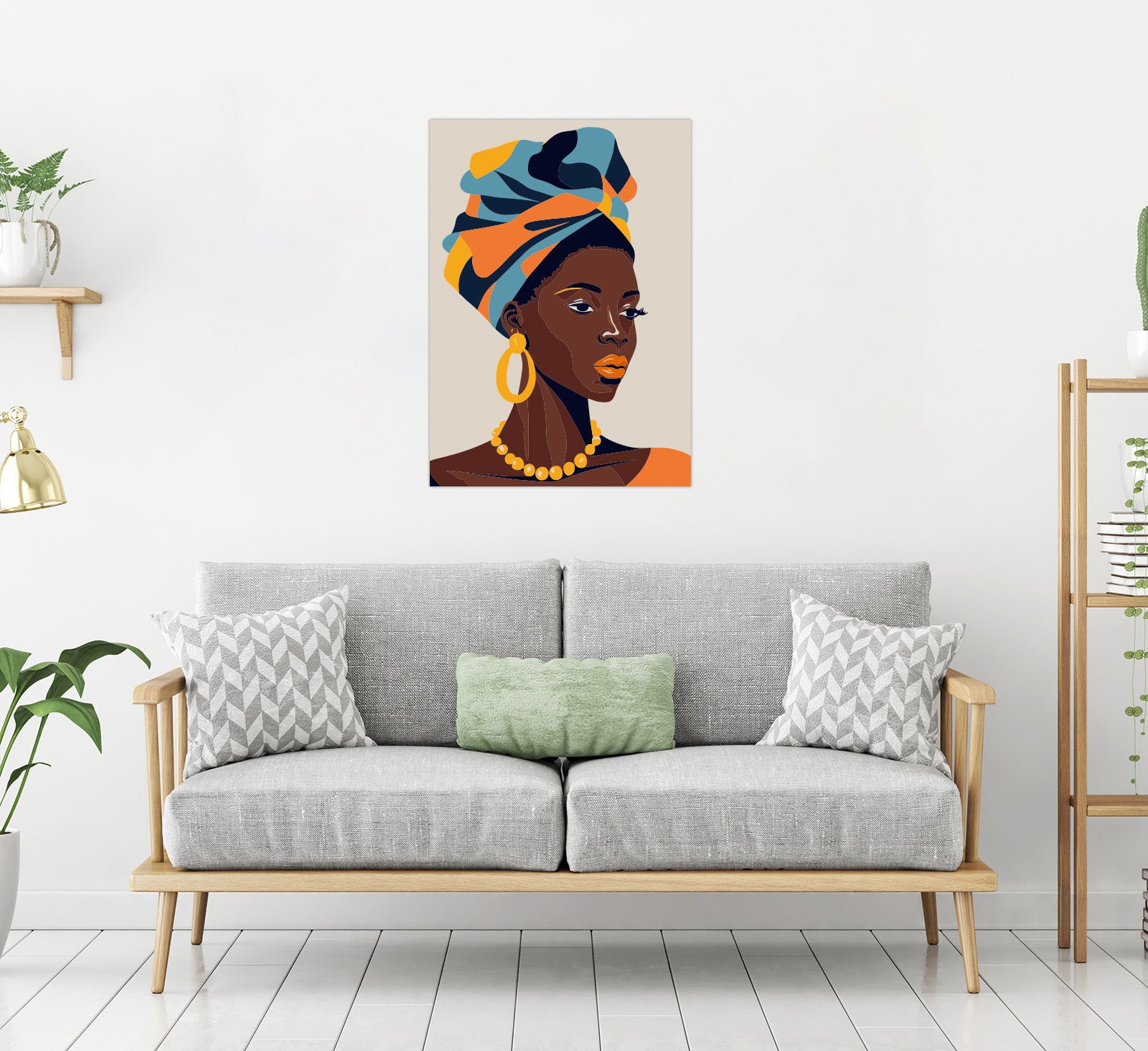 لوحة جدارية طولية لأمراة افريقية موضوعة داخل غرفة معيشة