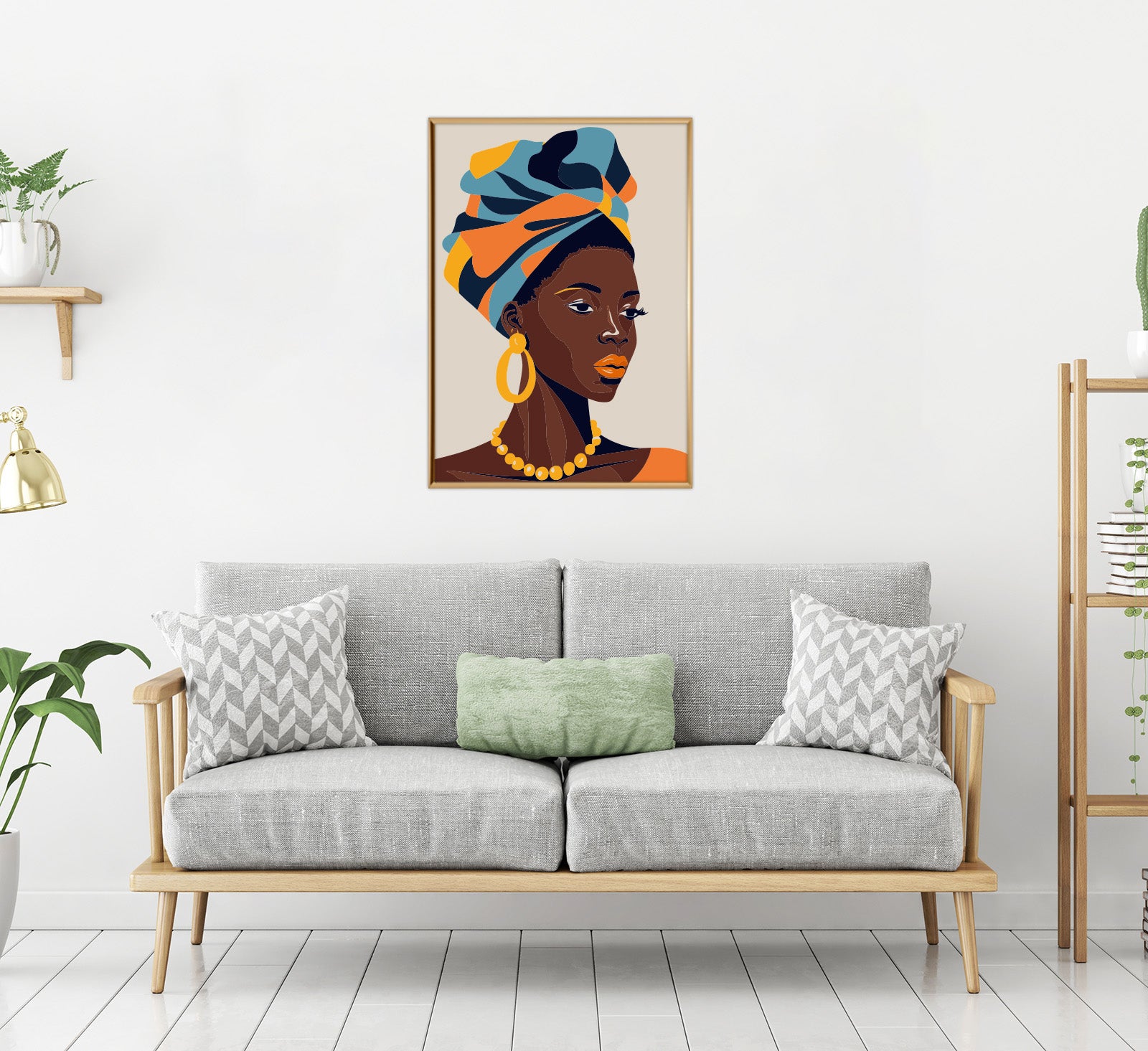 غرفة معيشة بداخلها اريكة ولوحة جدارية طولية تظهر امرأة افريقية