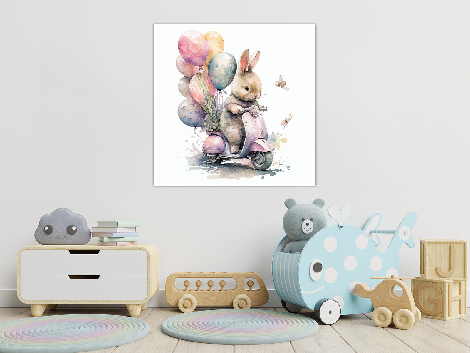 لوحة فنية جدارية (أرنب يحمل بالونات)