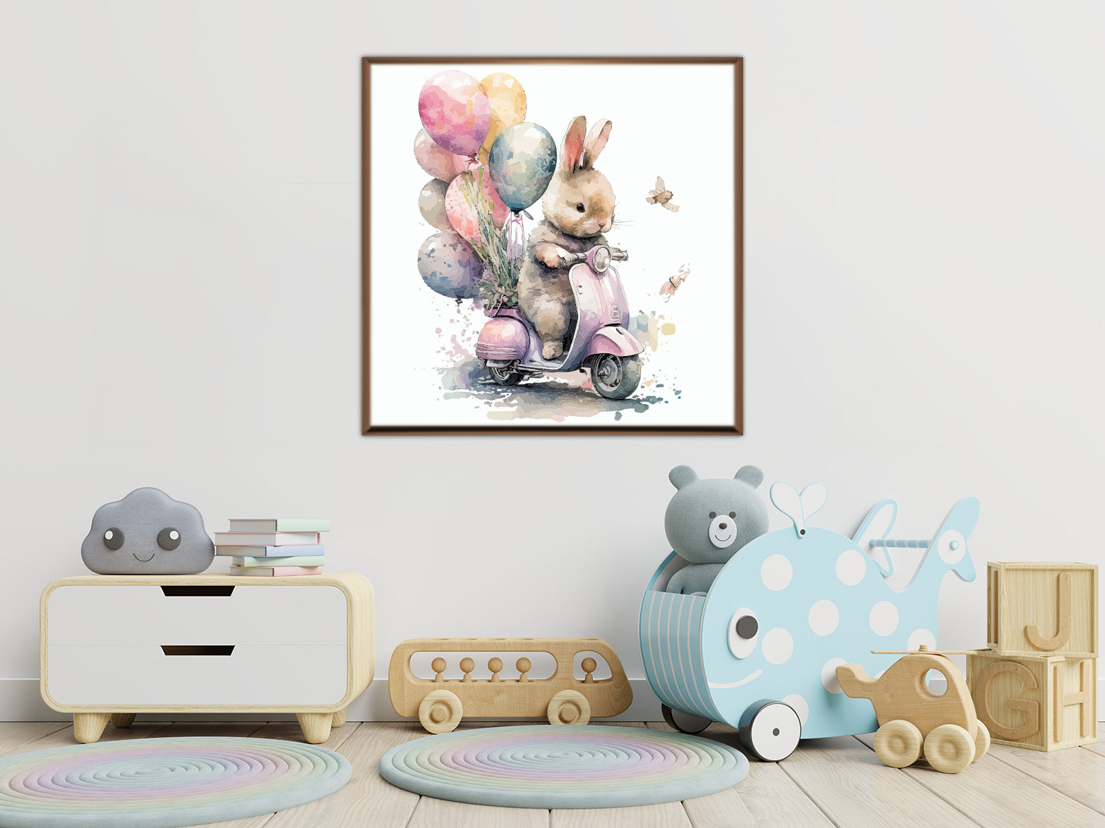 لوحة فنية جدارية (أرنب يحمل بالونات)