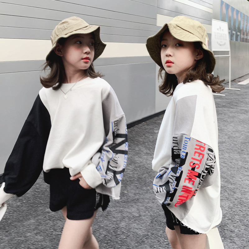 Autumn Girls' Hip-hop Color Matching Printed Sweater
