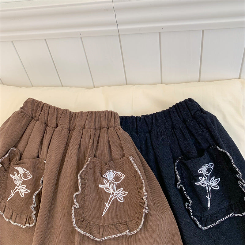 Girls' Solid Color Plus Velvet Corduroy Skirt