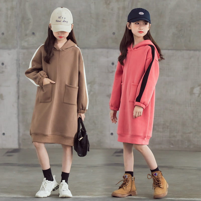 Winter Children's Hooded Girls Plus Velvet Loose Dress