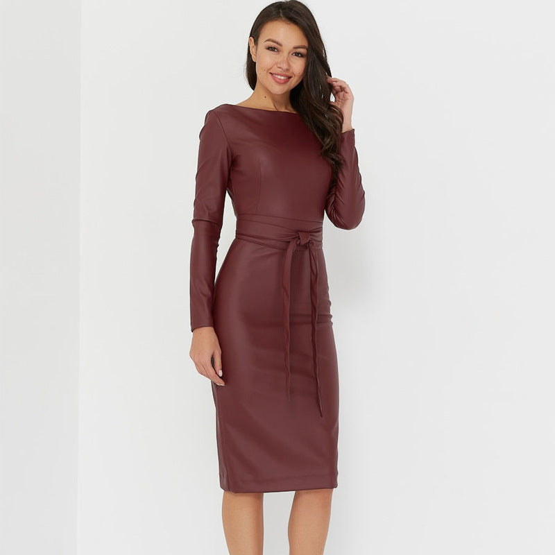 Long-sleeved PU Leather Slim Temperament Dress Pure Color Simple And Versatile