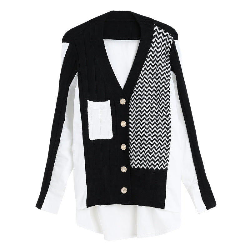 Outer Cardigan Women's Mid-length Knitted Stitching Jacket