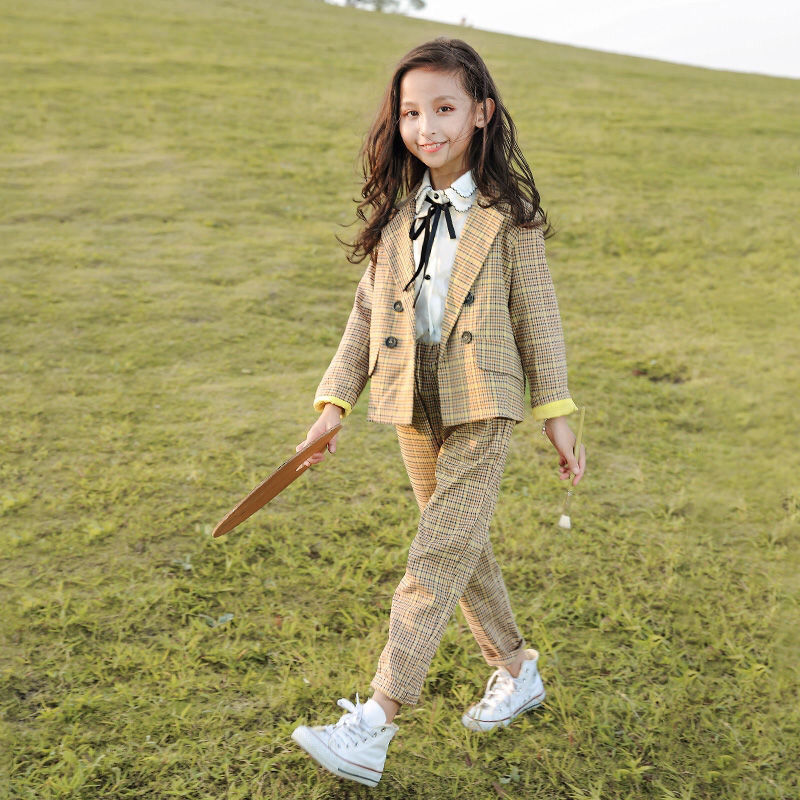 Middle And Large Children's Plaid Spring And Autumn Girls Two-piece Suit