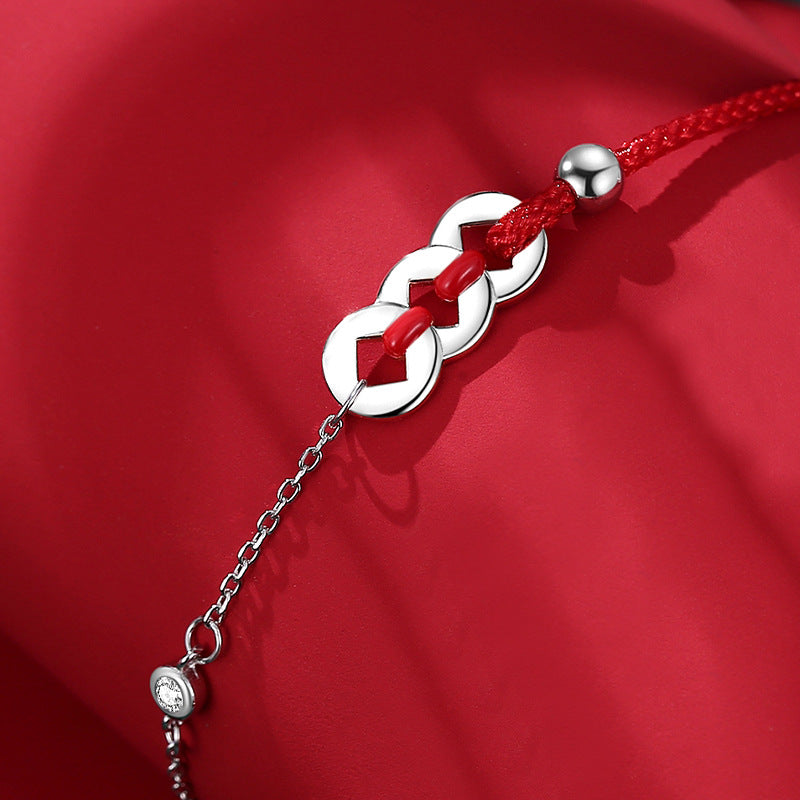Women's Sterling Silver Niche Retro Red String Bracelet