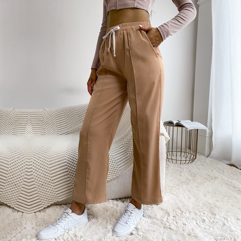 Solid Color Drawstring Casual High-Waisted Wide-Leg Pants