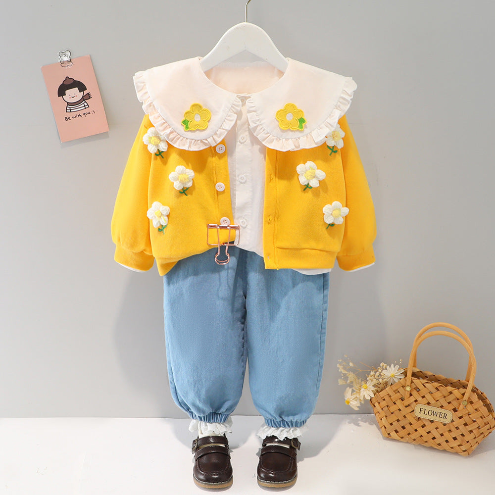 Doll Collar Top Cardigan Three Piece Set For Children