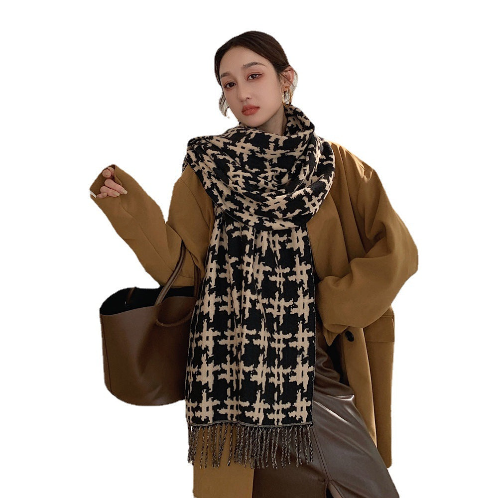 Long Fringed Thick Houndstooth Large Shawl Women 2021 Long Temperament Warmth Scarf