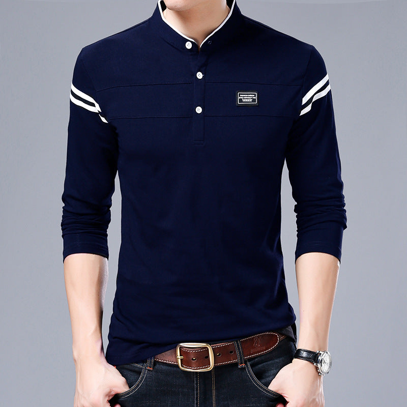 Men's Standing Collar Badge Cotton Pure Color Trendy T-shirt