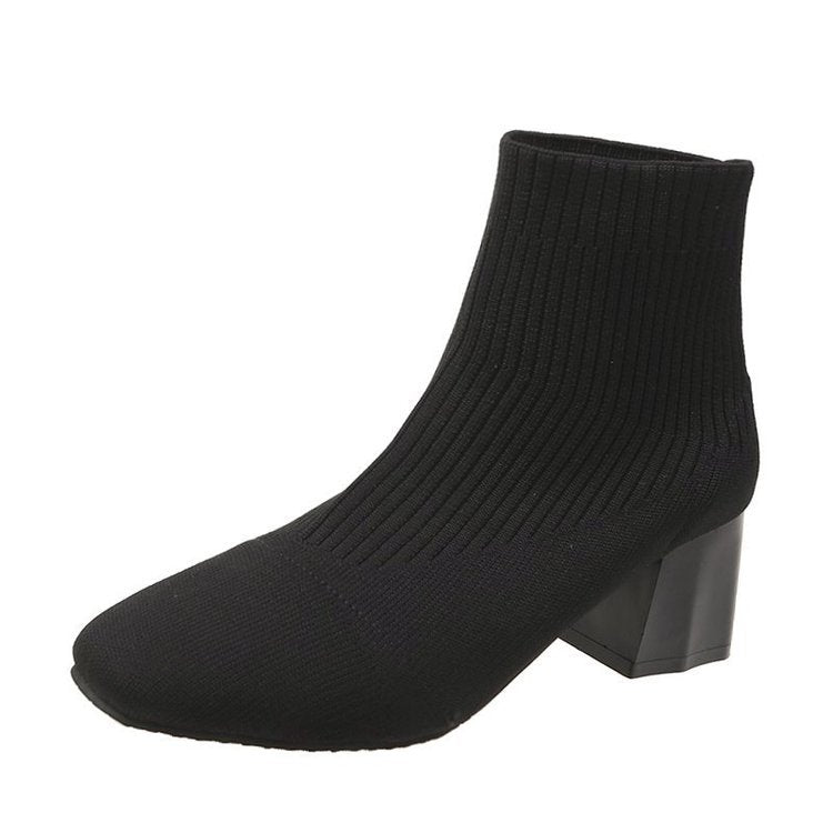 Square Toe Sleeve Boots Thick Heel Flying Knit