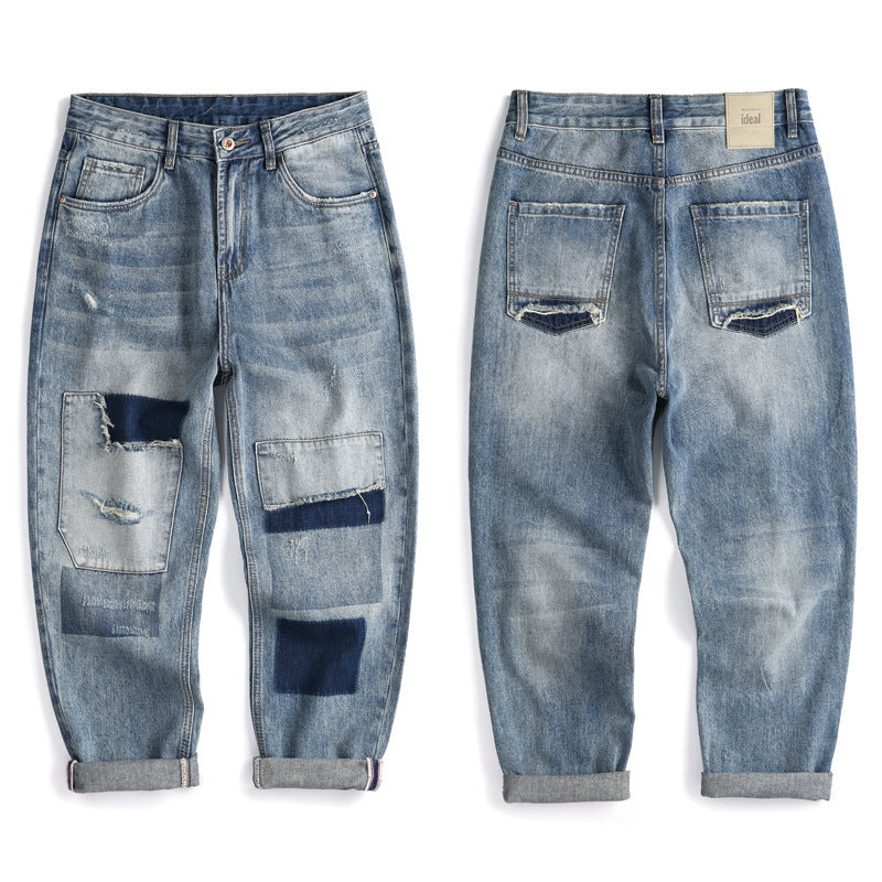 American Retro Ripped Jeans Straight Pants For Boys