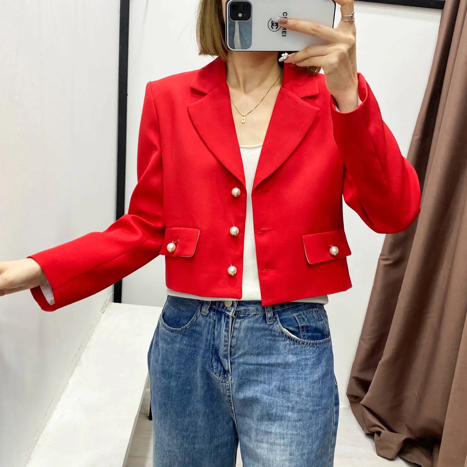 Solid Pearl Button Cropped Casual Blazer