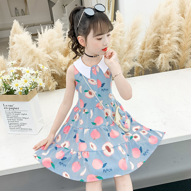 Cute Printed Floral Dress Doll Collar Sleeveless Princess Dress