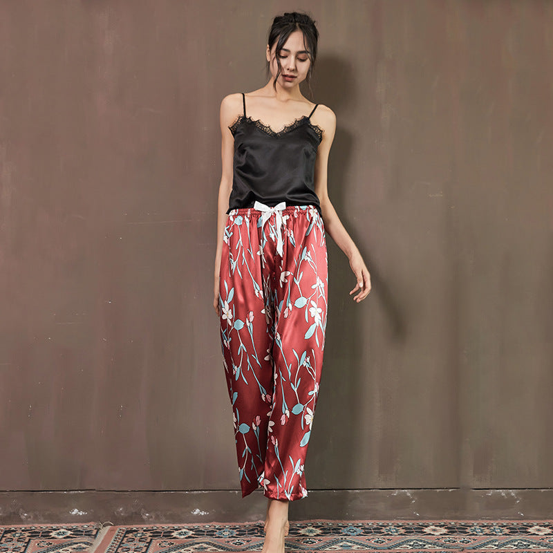 Two-piece Fashion Printed Pajama Suspenders, Imitation Silk Wide-leg Pants, Comfortable Casual Home Pants Cover