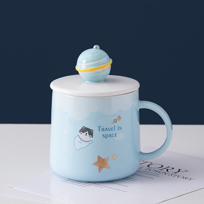 Cute Ceramic Cup With Lid Cartoon Planet Water Cup