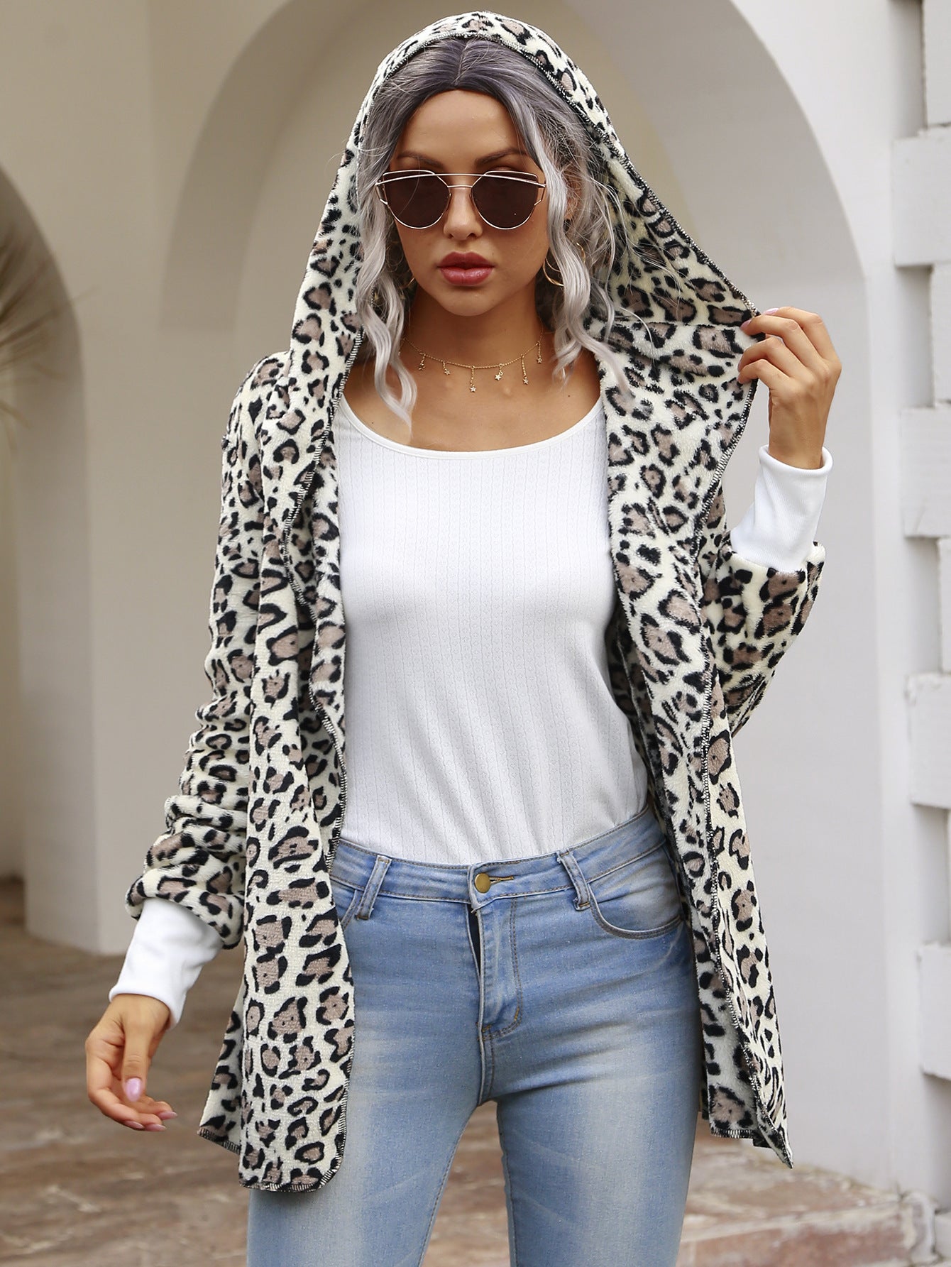 Warm Winter Wild Leopard Print Hooded Cardigan Jacket