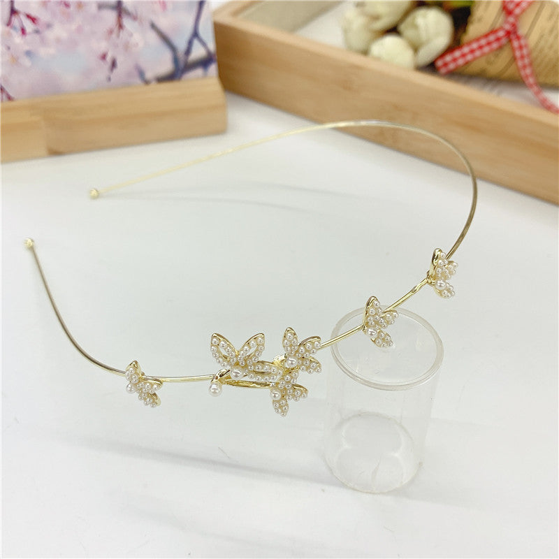 Summer New Girl Sweet Thin Rod Gold Bottom Inlaid Pearl Butterfly Flower Headband Hairpin Press Hair Wholesale