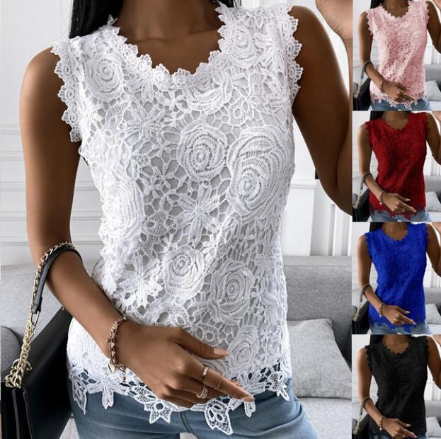U-neck Sleeveless Solid Color Casual Lace T-shirt