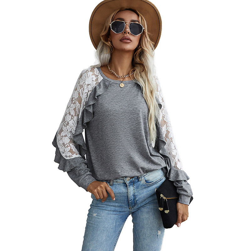 Loose Lace Long-sleeved Blouse Women's Round Neck Solid Color Casual