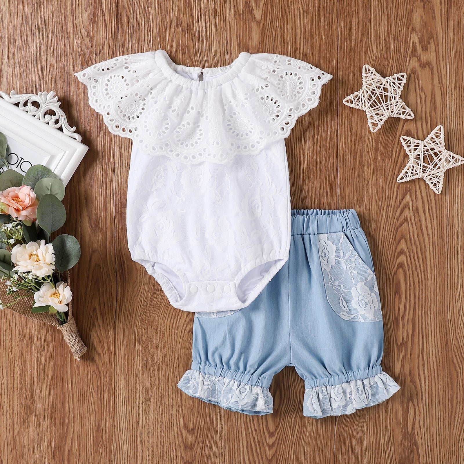 EBay Summer New Baby Girl 0-2 Years Old Lace Collar Dress Denim Shorts Two-piece Suit