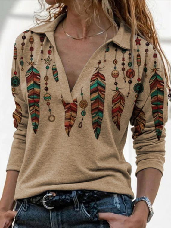 Retro long-sleeved  V-neck shirt sweater
