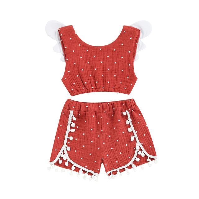 Girls Baby Cotton Linen Polka Dot Vest Shorts Suit European And American Style Children's Clothing