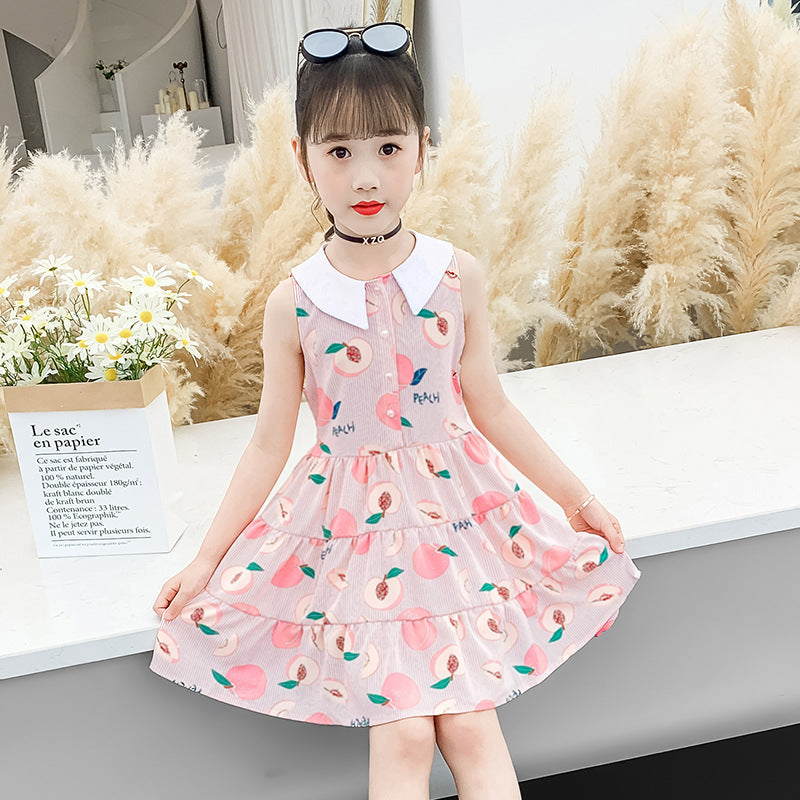 Cute Printed Floral Dress Doll Collar Sleeveless Princess Dress