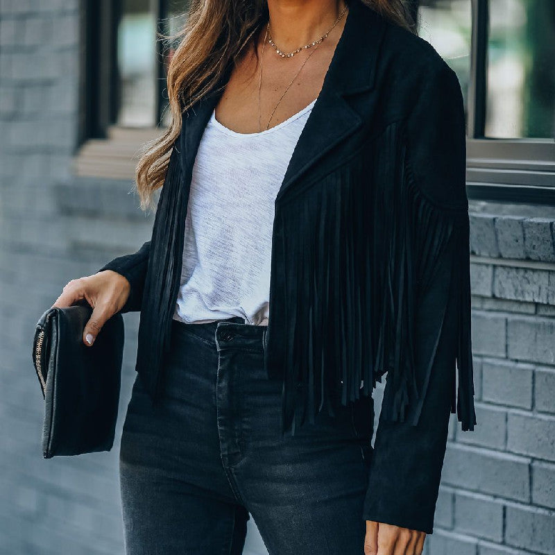 Women's Slim Top Long Sleeve Printed Tassel Jacket