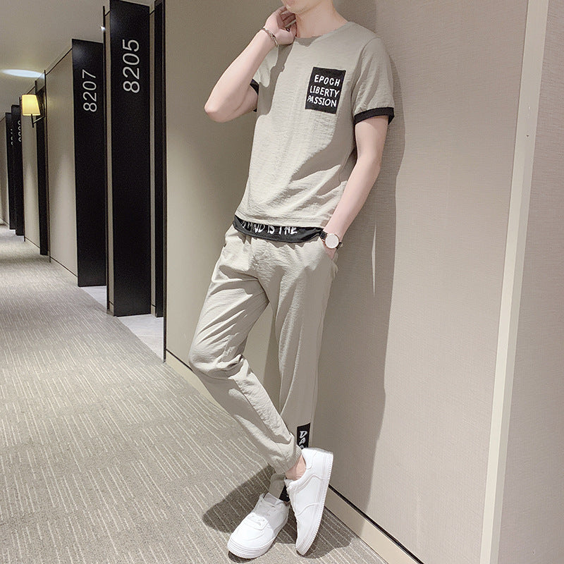 Short-sleeved T-shirt Male Ice Silk Summer  Trend Sports Casual Men's Suit Tide Brand Two-piece Summer Suit