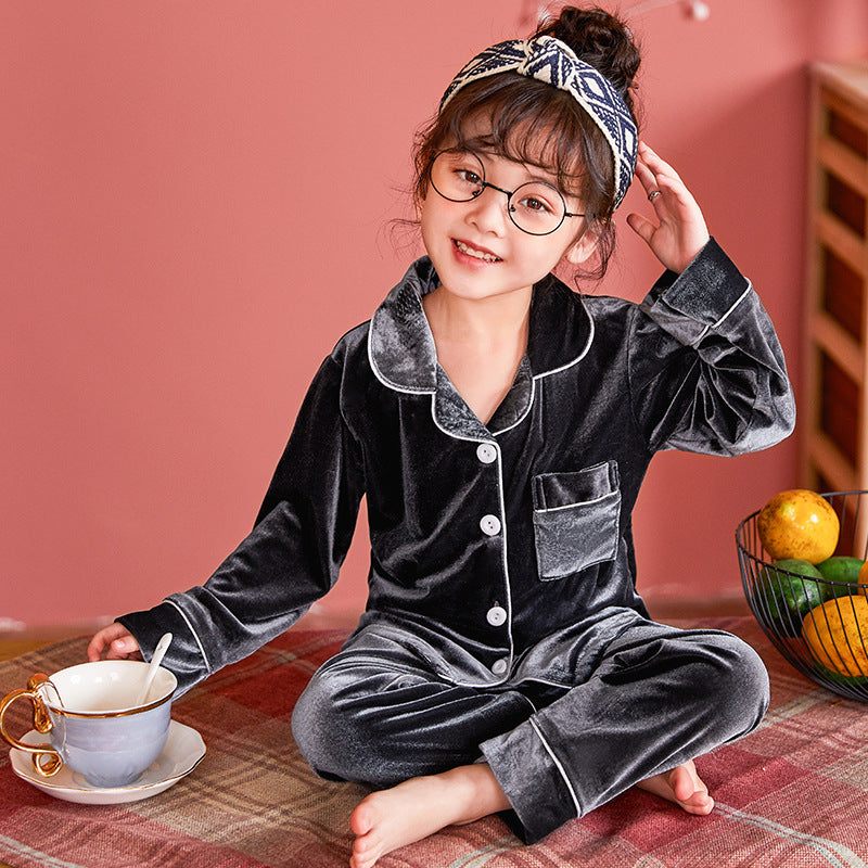 Children's Gold Velvet Solid Color Pajamas Set
