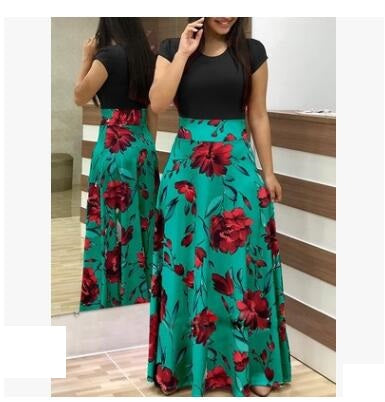 European and American style flower print color matching dress long skirt