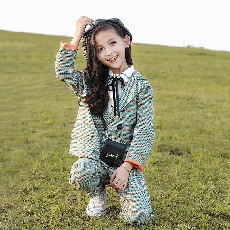 Middle And Large Children's Plaid Spring And Autumn Girls Two-piece Suit