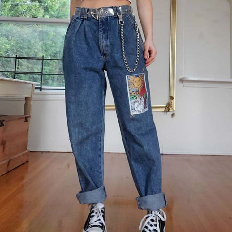 Women's loose printed blue trousers jeans
