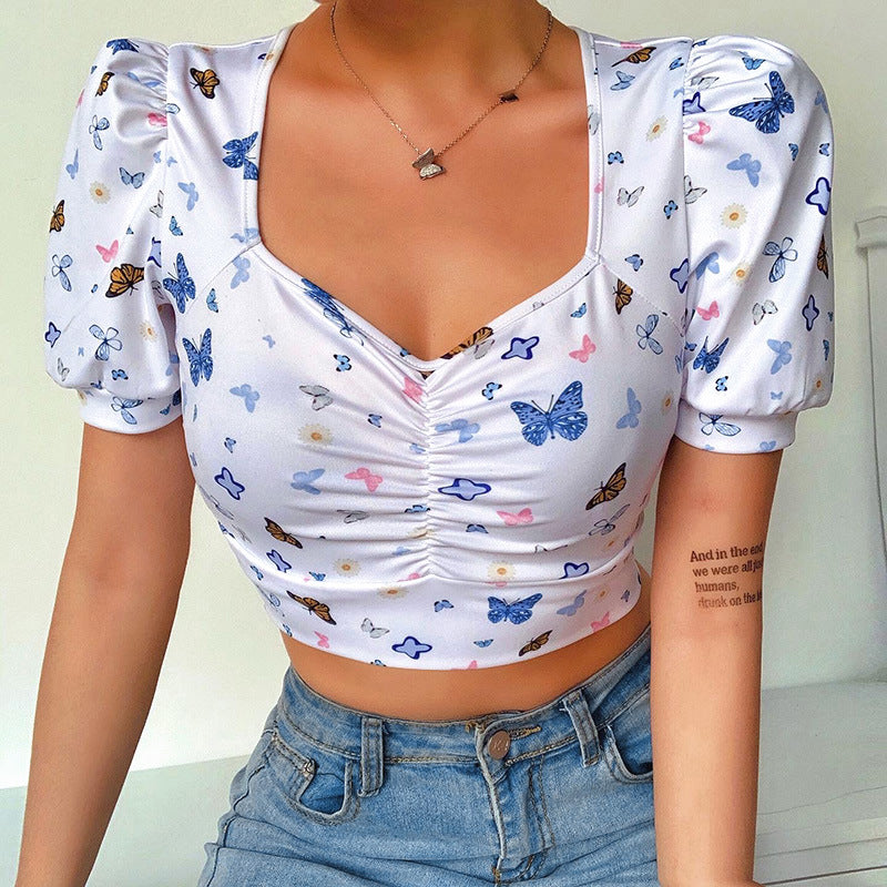 Butterfly Print Puff Sleeve V-neck T-shirt Women