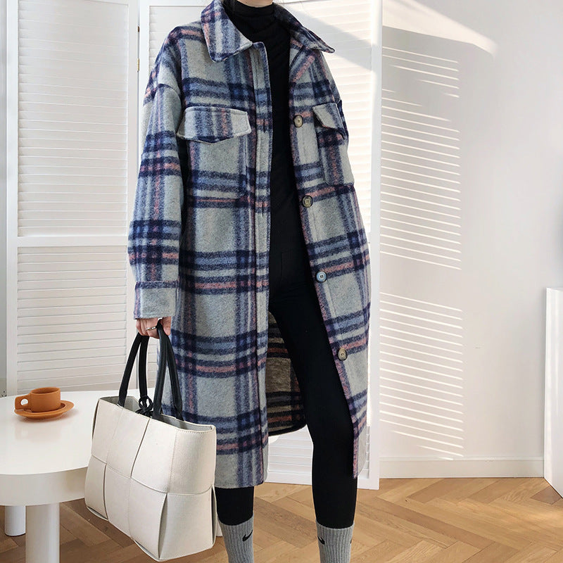 Women's Mid-length Thickened Woolen Check Coat