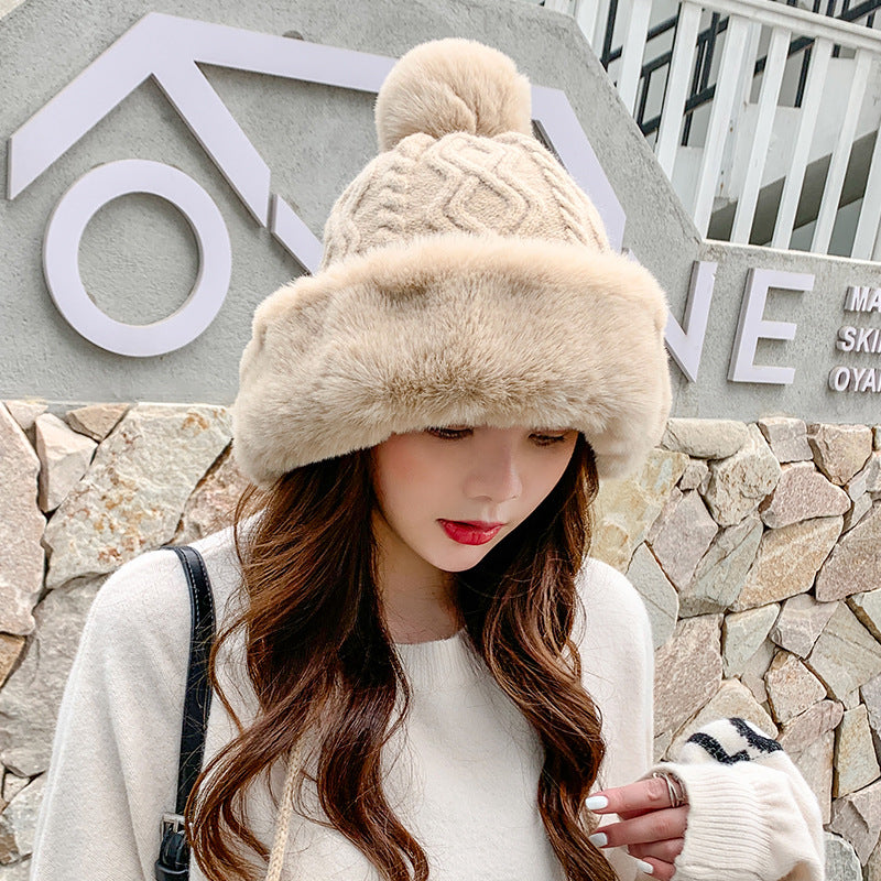 Autumn Winter Women's Cotton Cashmere Pullover Three-wool Ball Hat