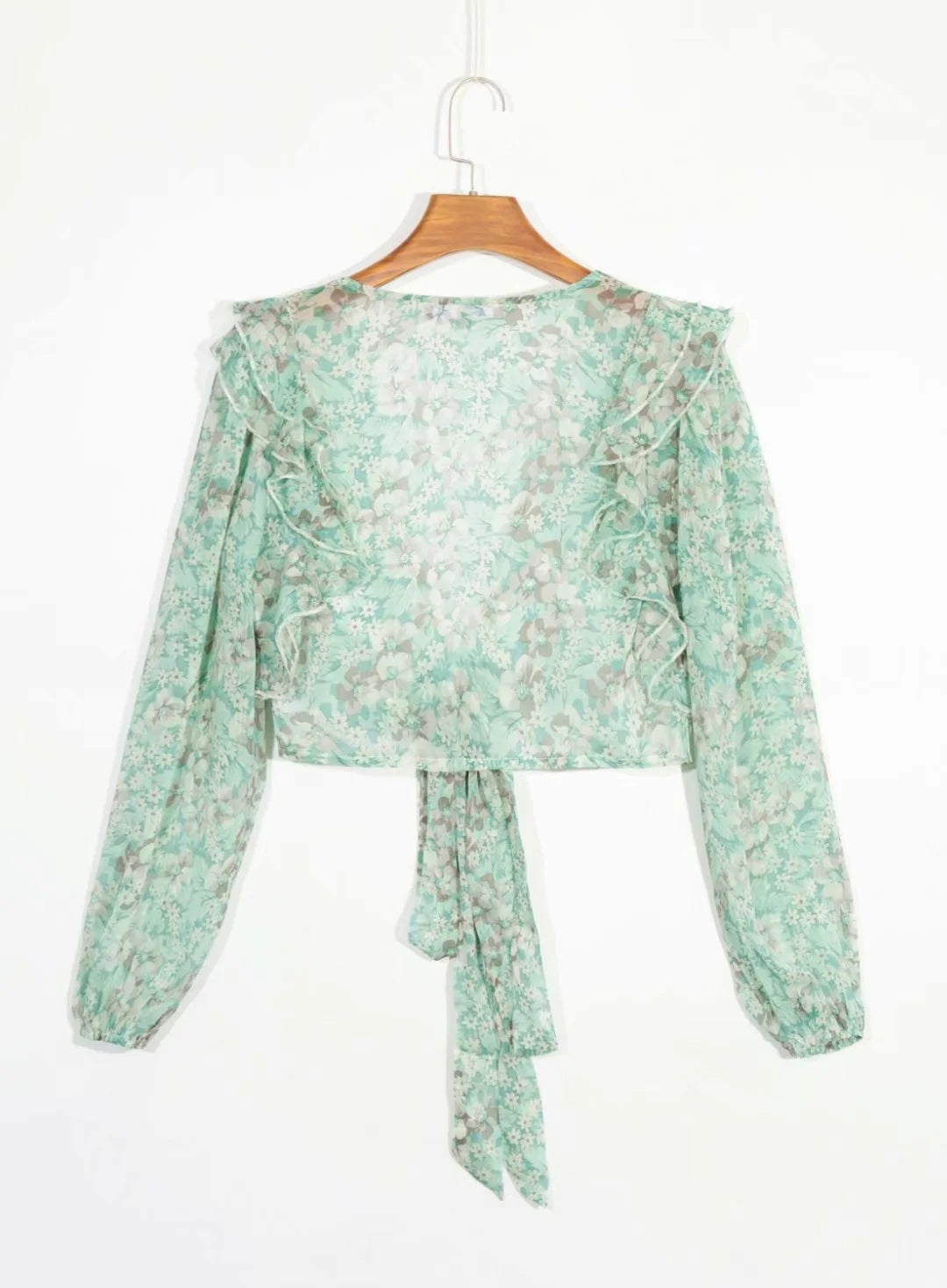 Floral print blouse with long sleeves and deep V-neck tie