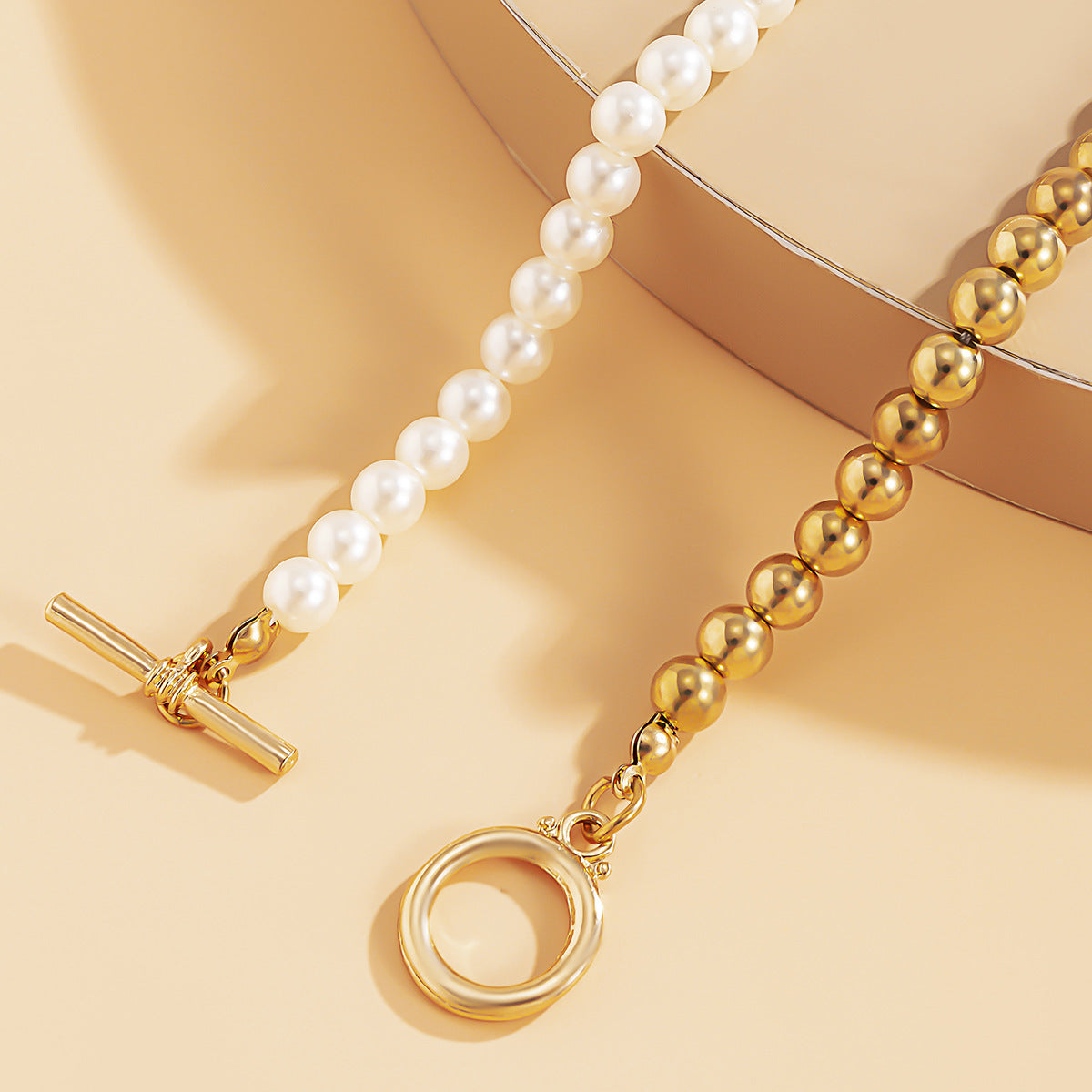 Half-pearl, Half-round Bead Necklace, Retro Simple Hip-hop Trend Chain Necklace