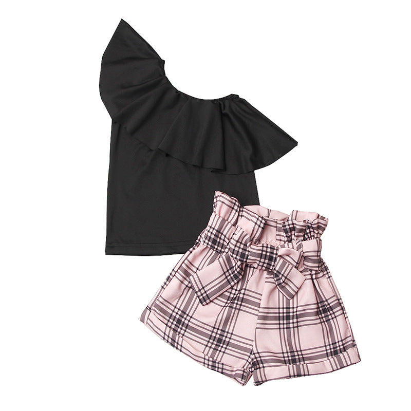 Girls' Suit Diagonal Shoulder T-shirt Pink Plaid Flower Bud Shorts Two-Piece Suit