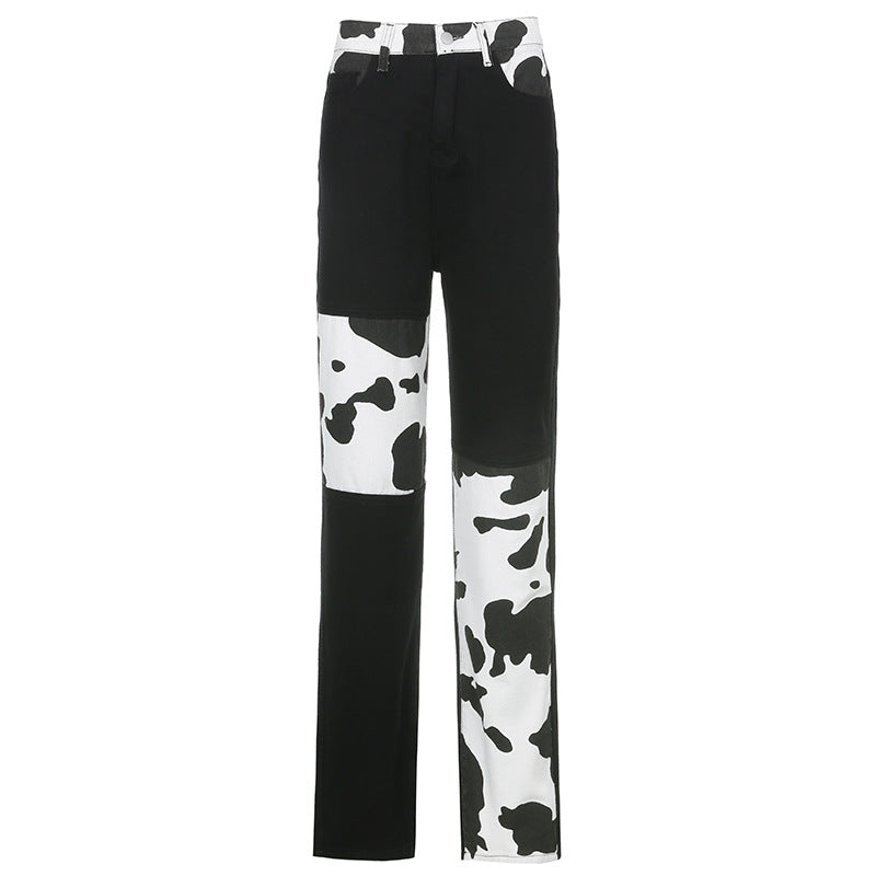 Color Block Cow Pattern Straight-Leg Loose-Fitting Casual Jeans