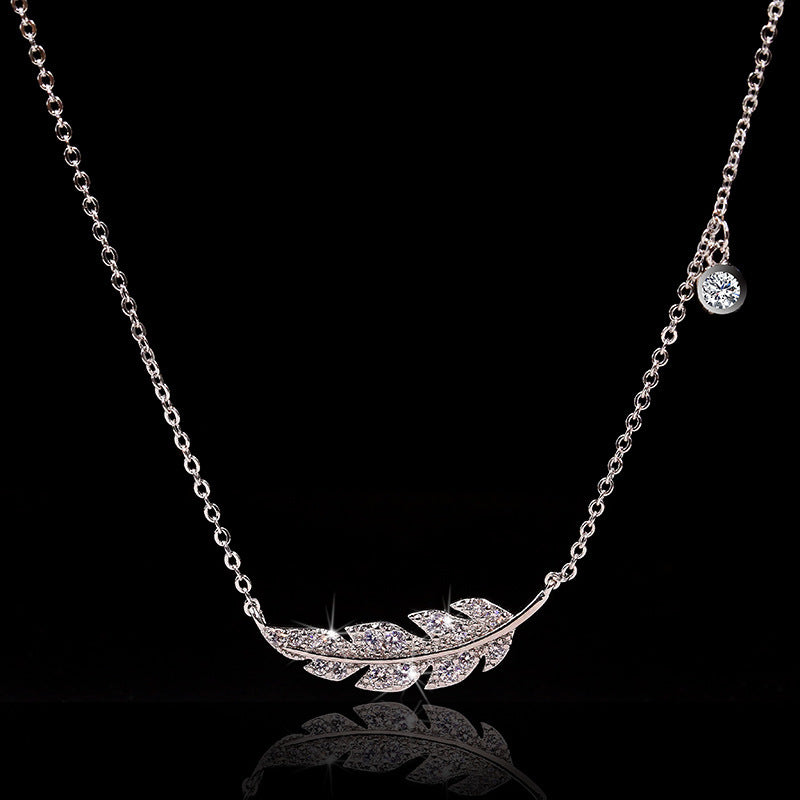 Copper Inlaid Zircon Pendant Feather Leaf Clavicle Chain