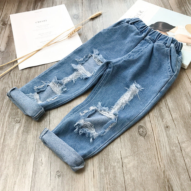 Small And Medium-sized Children's Ripped Loose Jeans