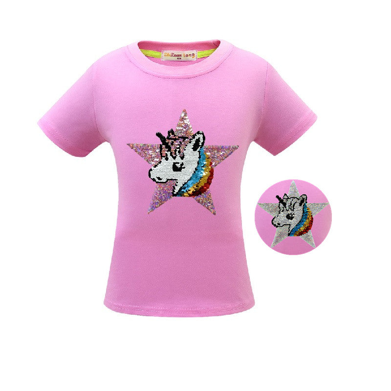 Girls' cotton unicorn t-shirt decorated with sequins