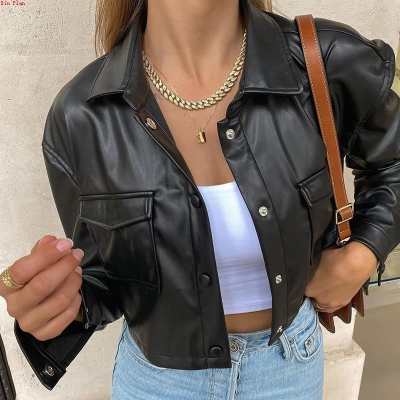 Lapel Single-Breasted Street Short Pu Leather Jacket