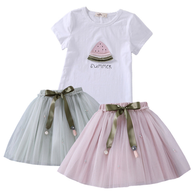 New Children's Women's Short Sleeved T Shirt And Skirt Two Piece Suit