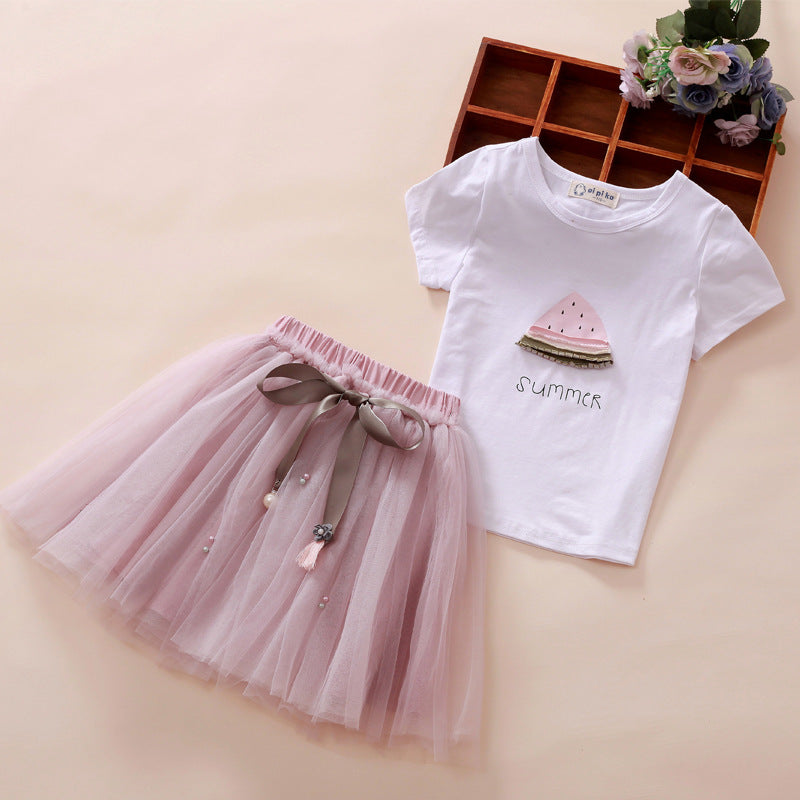 New Children's Women's Short Sleeved T Shirt And Skirt Two Piece Suit